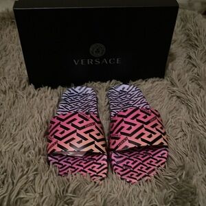 Versace Women's Rainbow Logo Print Multi-Color Pool Slide Flip Flops Shoes